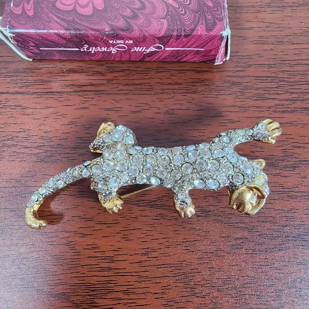 Vintage Gold Tone Clear Rhinestone Leopard Brooch